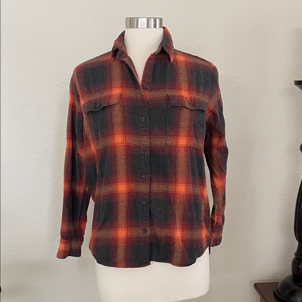 Old Navy Women's Plaid Button-Down Shirt - Orange and Charcoal grey